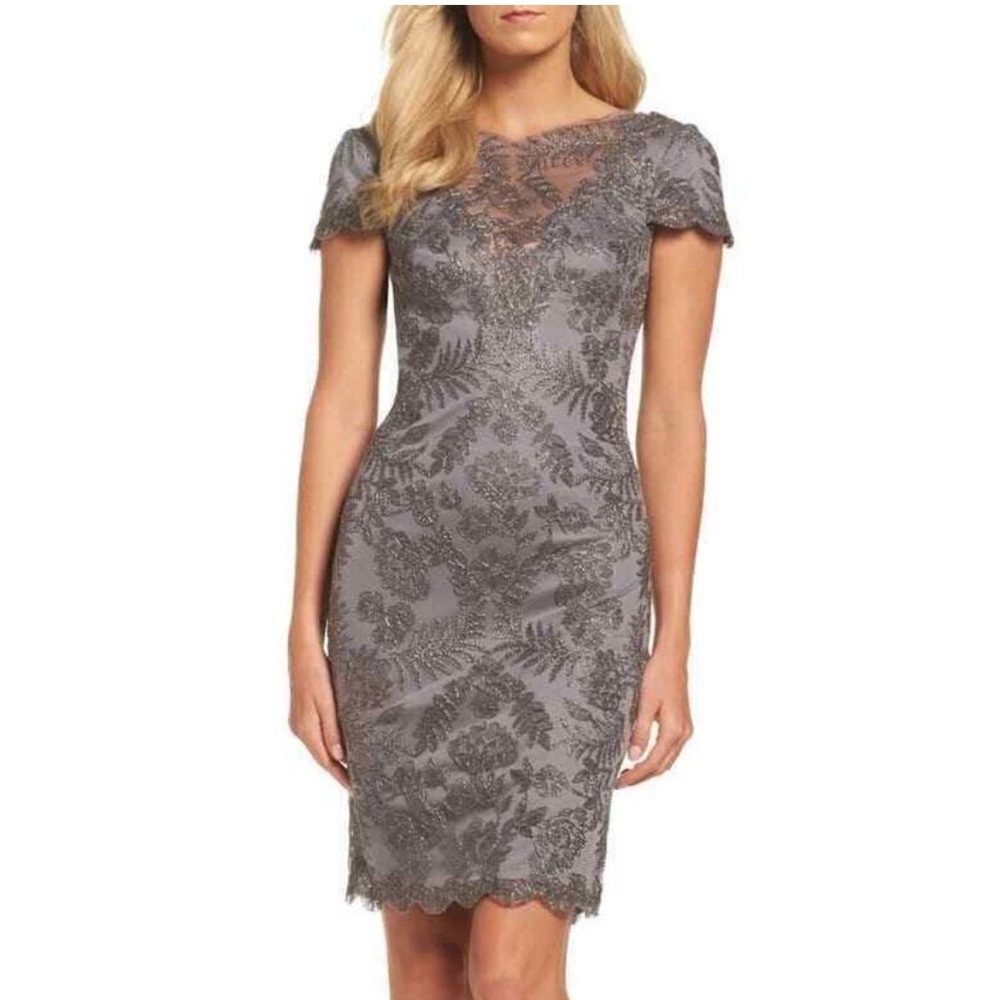 Tadashi Shoji Pemba Embroidered Floral Tulle Dress in Dark Smoke Pearl Grey sz 6